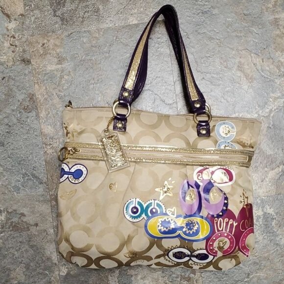 Coach Poppy Graffiti Applique Glam Bag Handbag Purse Tote Jacquard WOMENS WOMANS - Picture 3 of 16